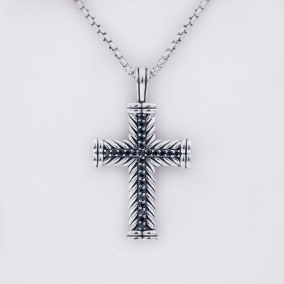 David Yurman 925 Silver Black Diamonds Chevron Cross Pendant Necklace - Picture 2 of 6